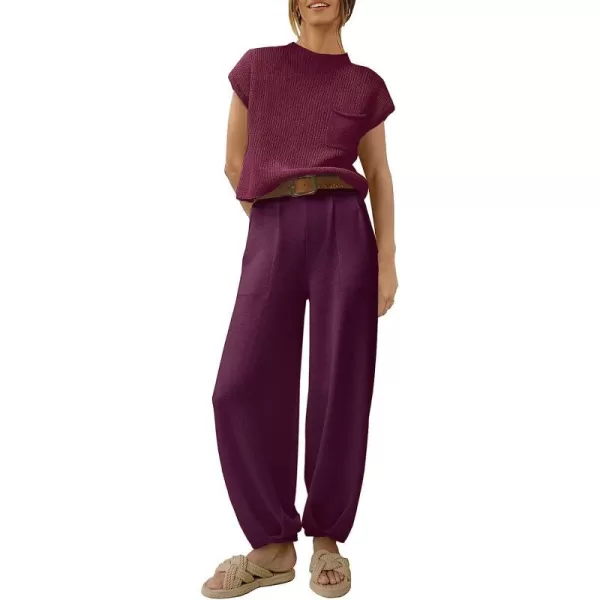 imageANRABESS Womens Two Piece Outfits Sweater Sets Knit Pullover Tops and High Waisted Pants Tracksuit Lounge SetsPurple