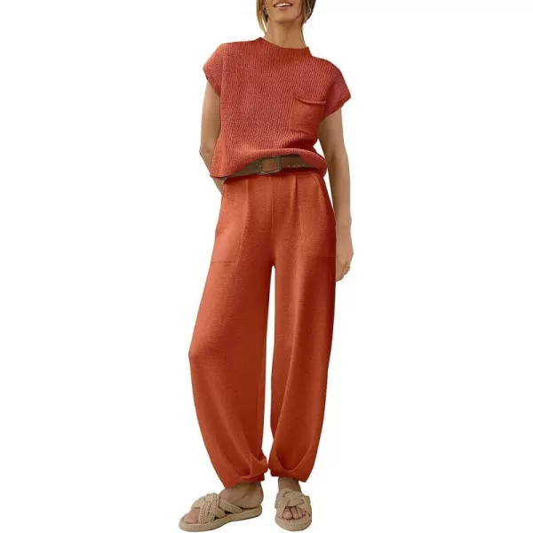 imageANRABESS Womens Two Piece Outfits Sweater Sets Knit Pullover Tops and High Waisted Pants Tracksuit Lounge SetsRust