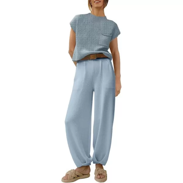 imageANRABESS Womens Two Piece Outfits Sweater Sets Knit Pullover Tops and High Waisted Pants Tracksuit Lounge SetsSky