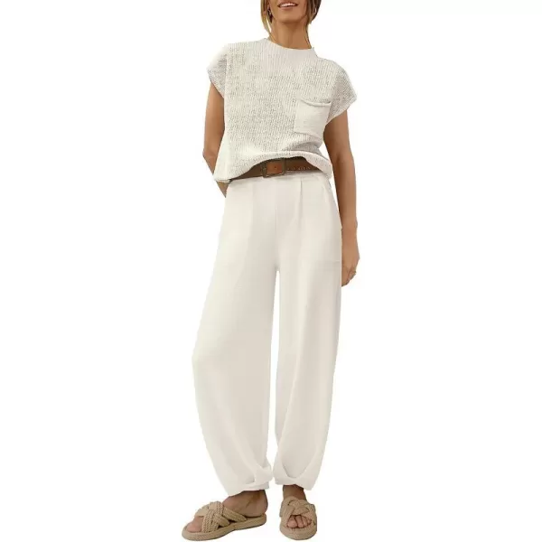 imageANRABESS Womens Two Piece Outfits Sweater Sets Knit Pullover Tops and High Waisted Pants Tracksuit Lounge SetsWhite