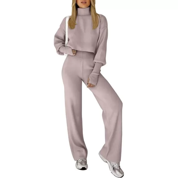 imageANRABESS Womens Two Piece Outfits Sweater Sets Long Sleeve Turtleneck Knit Crop Pullover and Wide Leg Pant Lounge SetsCamel