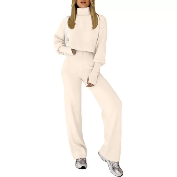 imageANRABESS Womens Two Piece Outfits Sweater Sets Long Sleeve Turtleneck Knit Crop Pullover and Wide Leg Pant Lounge SetsKhaki