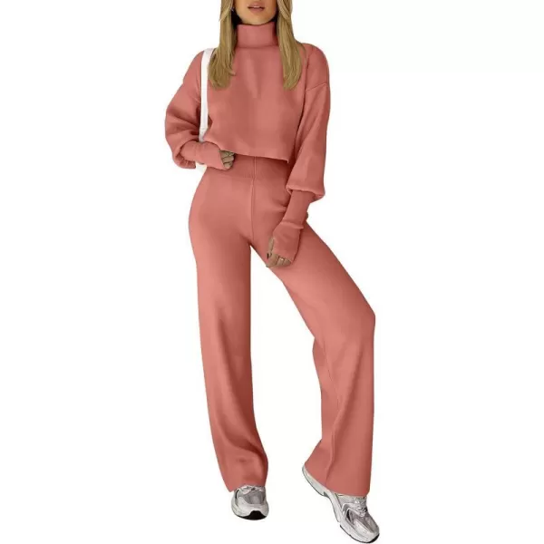 imageANRABESS Womens Two Piece Outfits Sweater Sets Long Sleeve Turtleneck Knit Crop Pullover and Wide Leg Pant Lounge SetsRust