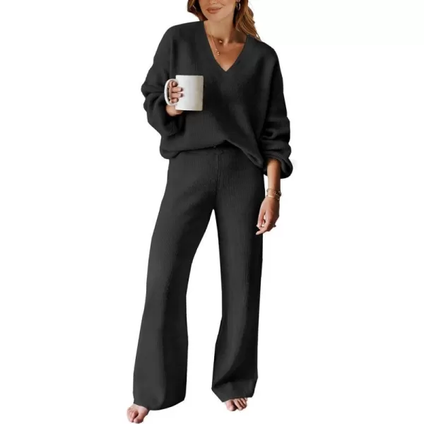 imageANRABESS Womens Two Piece Outfits Sweater Sets Long Sleeve V Neck Knit Pullover and Wide Leg Pants Lounge SetsBlack