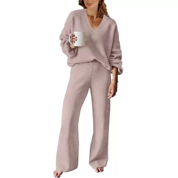 imageANRABESS Womens Two Piece Outfits Sweater Sets Long Sleeve V Neck Knit Pullover and Wide Leg Pants Lounge SetsCamel