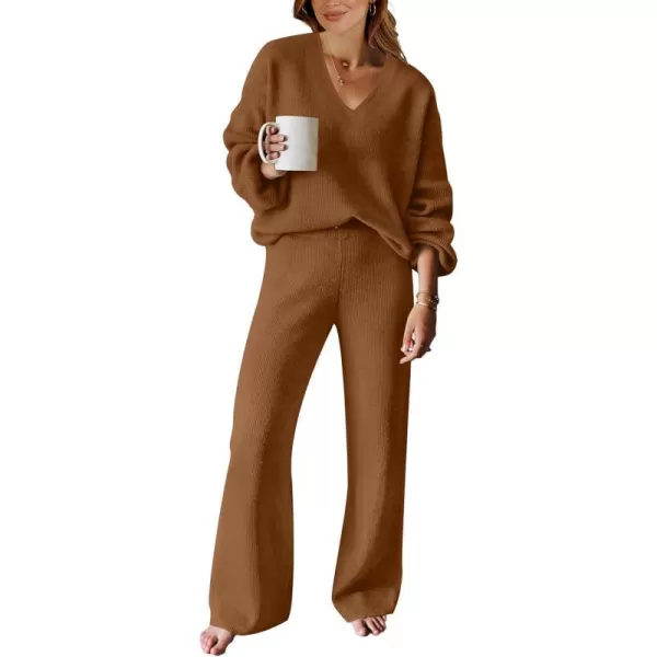 imageANRABESS Womens Two Piece Outfits Sweater Sets Long Sleeve V Neck Knit Pullover and Wide Leg Pants Lounge SetsCoffee