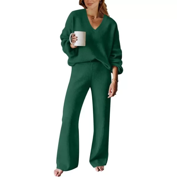 imageANRABESS Womens Two Piece Outfits Sweater Sets Long Sleeve V Neck Knit Pullover and Wide Leg Pants Lounge SetsDark Green