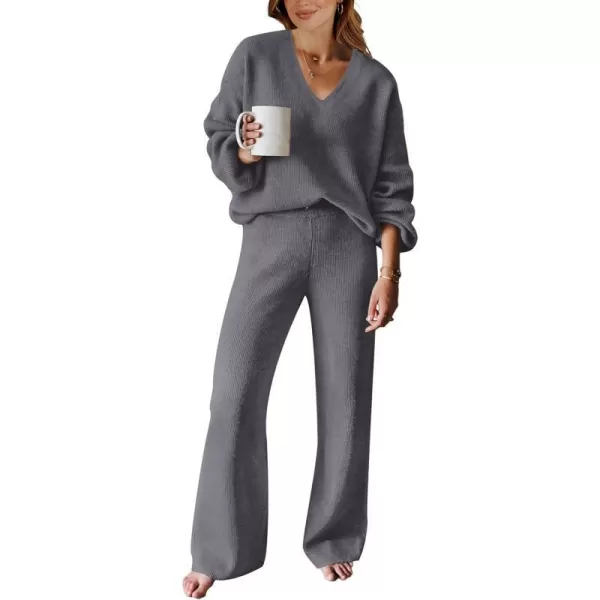 imageANRABESS Womens Two Piece Outfits Sweater Sets Long Sleeve V Neck Knit Pullover and Wide Leg Pants Lounge SetsDeep Grey