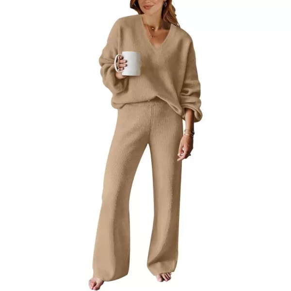 imageANRABESS Womens Two Piece Outfits Sweater Sets Long Sleeve V Neck Knit Pullover and Wide Leg Pants Lounge SetsDeep Khaki