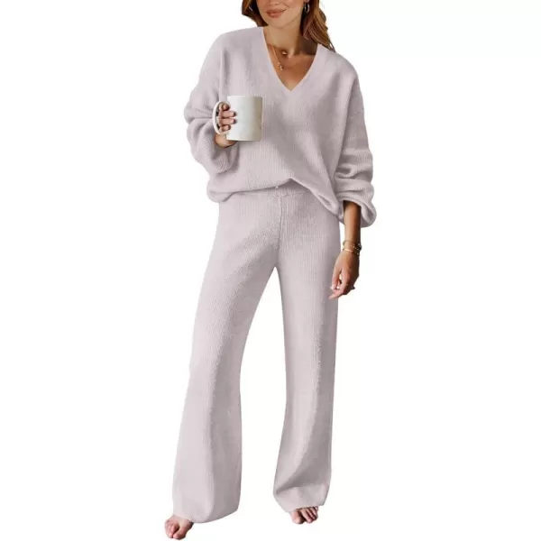 imageANRABESS Womens Two Piece Outfits Sweater Sets Long Sleeve V Neck Knit Pullover and Wide Leg Pants Lounge SetsGrey