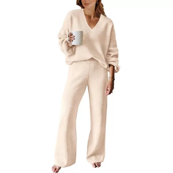 imageANRABESS Womens Two Piece Outfits Sweater Sets Long Sleeve V Neck Knit Pullover and Wide Leg Pants Lounge SetsKhaki