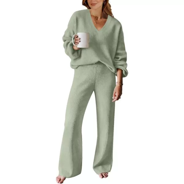 imageANRABESS Womens Two Piece Outfits Sweater Sets Long Sleeve V Neck Knit Pullover and Wide Leg Pants Lounge SetsMint Green