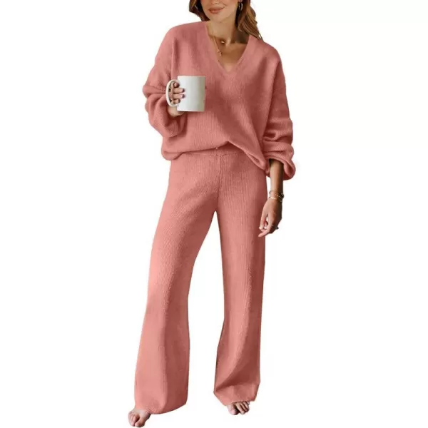 imageANRABESS Womens Two Piece Outfits Sweater Sets Long Sleeve V Neck Knit Pullover and Wide Leg Pants Lounge SetsRust