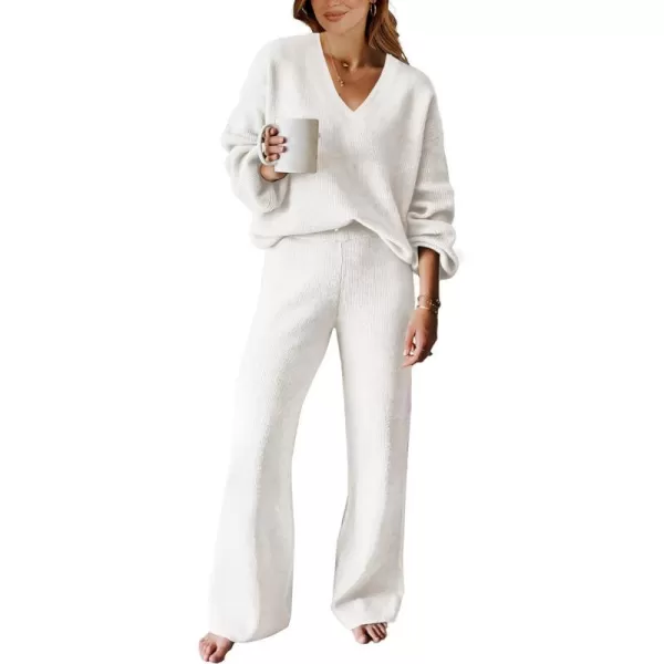imageANRABESS Womens Two Piece Outfits Sweater Sets Long Sleeve V Neck Knit Pullover and Wide Leg Pants Lounge SetsWhite