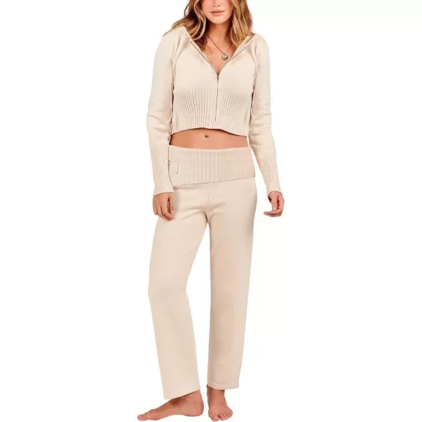 imageANRABESS Womens Two Piece Outfits Sweater Sets Zip Up Hooded Tops and High Waist Wide Leg Skinny Pants Tracksuit Lounge SetsApricot