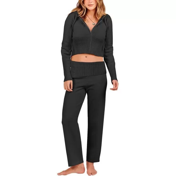 imageANRABESS Womens Two Piece Outfits Sweater Sets Zip Up Hooded Tops and High Waist Wide Leg Skinny Pants Tracksuit Lounge SetsBlack