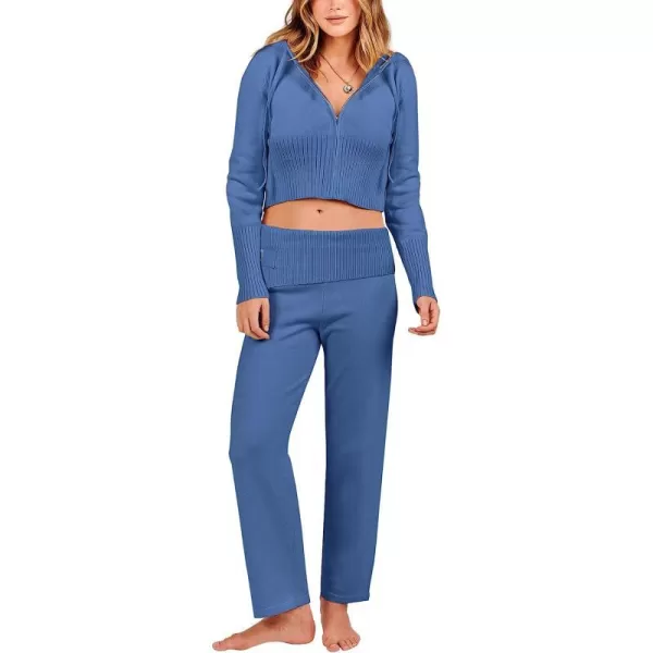 imageANRABESS Womens Two Piece Outfits Sweater Sets Zip Up Hooded Tops and High Waist Wide Leg Skinny Pants Tracksuit Lounge SetsBule