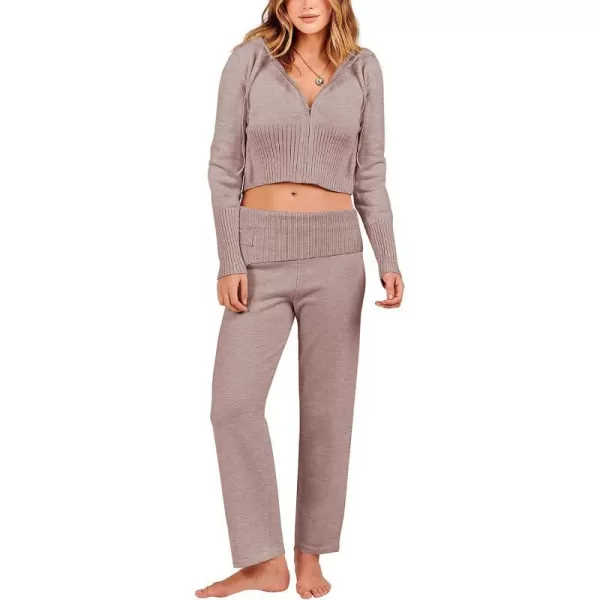 imageANRABESS Womens Two Piece Outfits Sweater Sets Zip Up Hooded Tops and High Waist Wide Leg Skinny Pants Tracksuit Lounge SetsCamel