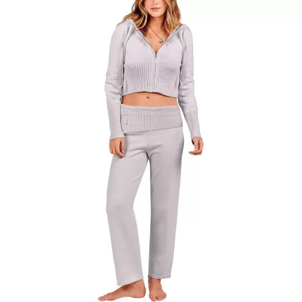 imageANRABESS Womens Two Piece Outfits Sweater Sets Zip Up Hooded Tops and High Waist Wide Leg Skinny Pants Tracksuit Lounge SetsGrey