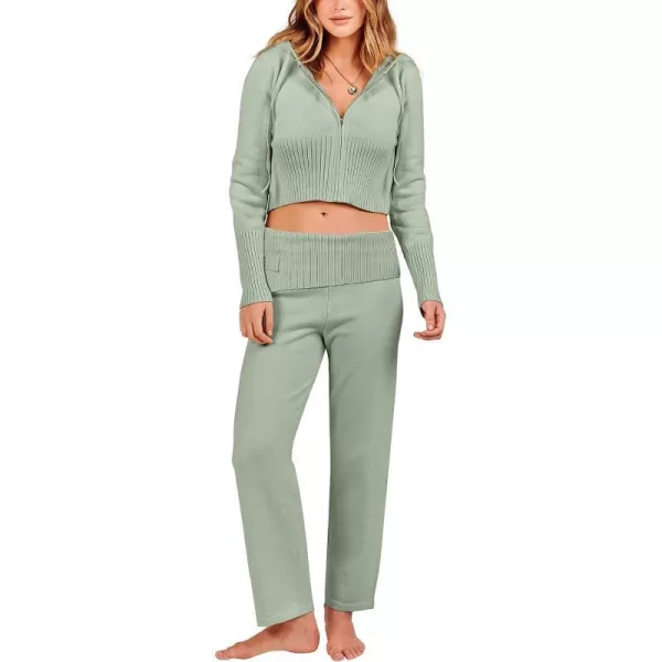imageANRABESS Womens Two Piece Outfits Sweater Sets Zip Up Hooded Tops and High Waist Wide Leg Skinny Pants Tracksuit Lounge SetsMint Green