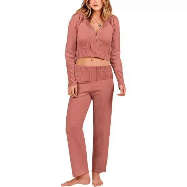 imageANRABESS Womens Two Piece Outfits Sweater Sets Zip Up Hooded Tops and High Waist Wide Leg Skinny Pants Tracksuit Lounge SetsRust