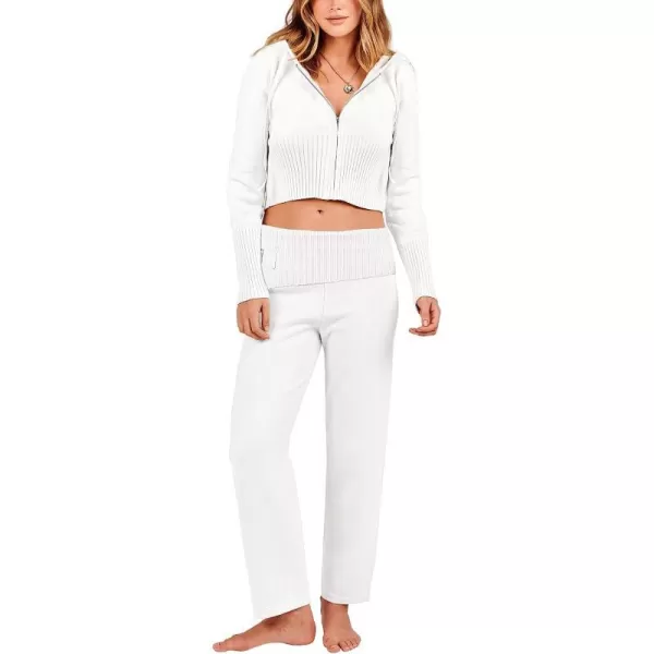imageANRABESS Womens Two Piece Outfits Sweater Sets Zip Up Hooded Tops and High Waist Wide Leg Skinny Pants Tracksuit Lounge SetsWhite