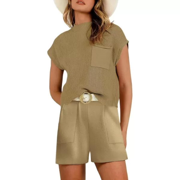 imageANRABESS Womens Two Piece Outfits Sweater Short Sets Knit Pullover Tops and Shorts Lounge Set TracksuitBrown