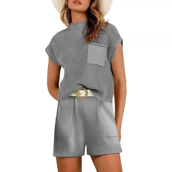 imageANRABESS Womens Two Piece Outfits Sweater Short Sets Knit Pullover Tops and Shorts Lounge Set TracksuitDark Grey