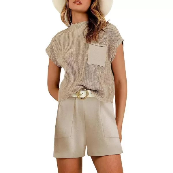 imageANRABESS Womens Two Piece Outfits Sweater Short Sets Knit Pullover Tops and Shorts Lounge Set TracksuitKhaki