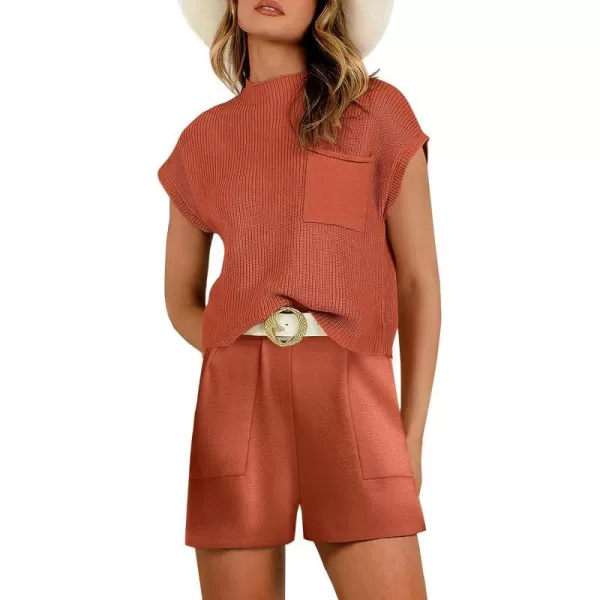 imageANRABESS Womens Two Piece Outfits Sweater Short Sets Knit Pullover Tops and Shorts Lounge Set TracksuitRust