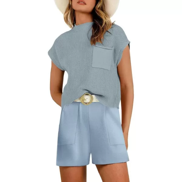 imageANRABESS Womens Two Piece Outfits Sweater Short Sets Knit Pullover Tops and Shorts Lounge Set TracksuitSky