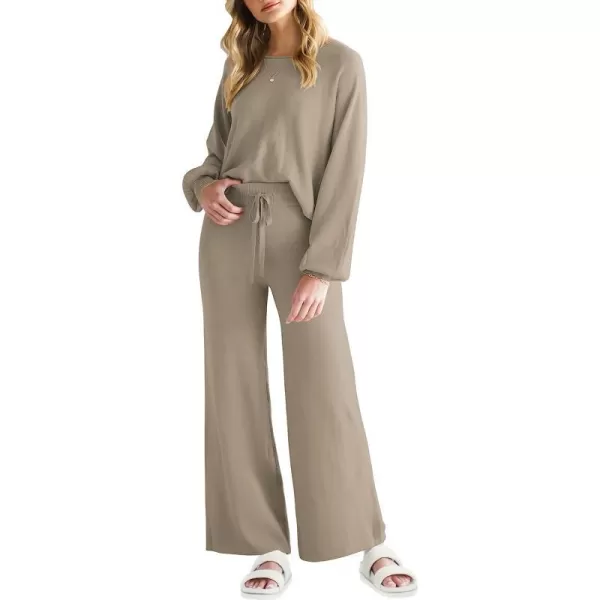 imageANRABESS Womens Two Piece Outfits Sweatsuit Long Lantern Sleeve Crewneck Crop Top with Wide Leg Pants Sweater SetsDesert Grey