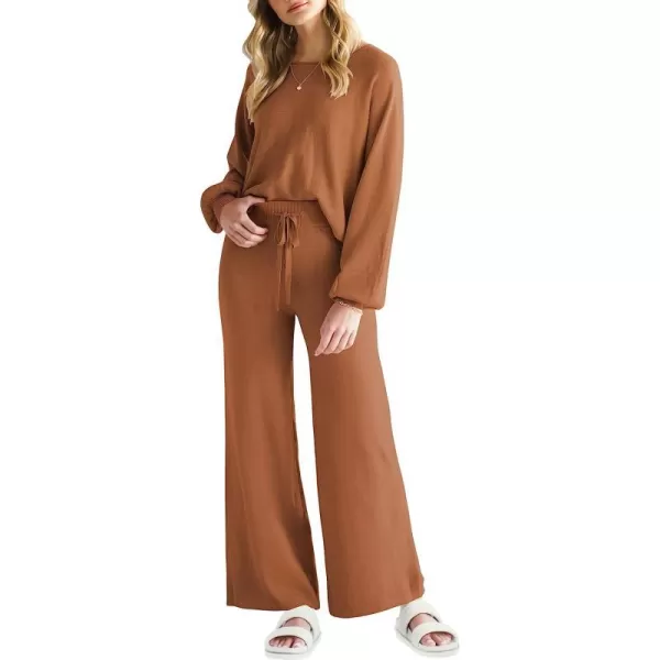 imageANRABESS Womens Two Piece Outfits Sweatsuit Long Lantern Sleeve Crewneck Crop Top with Wide Leg Pants Sweater SetsRed Brown