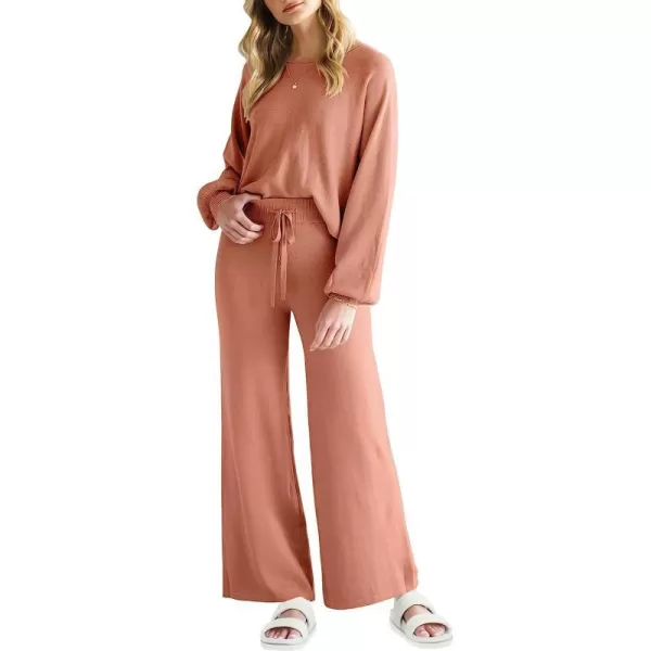 imageANRABESS Womens Two Piece Outfits Sweatsuit Long Lantern Sleeve Crewneck Crop Top with Wide Leg Pants Sweater SetsRust