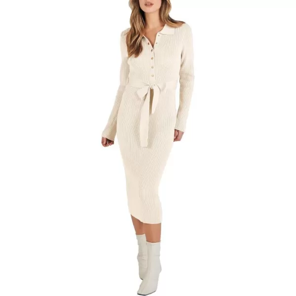 imageANRABESS Womens V Neck Long Sleeve Bodycon Sweater Dress 2023 Fall Button Up Tie Waist Sexy Ribbed Knit Midi DressesApricot