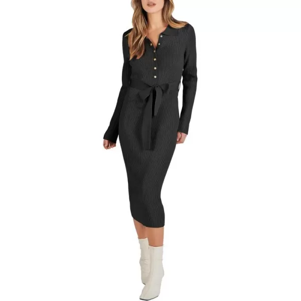 imageANRABESS Womens V Neck Long Sleeve Bodycon Sweater Dress 2023 Fall Button Up Tie Waist Sexy Ribbed Knit Midi DressesBlack
