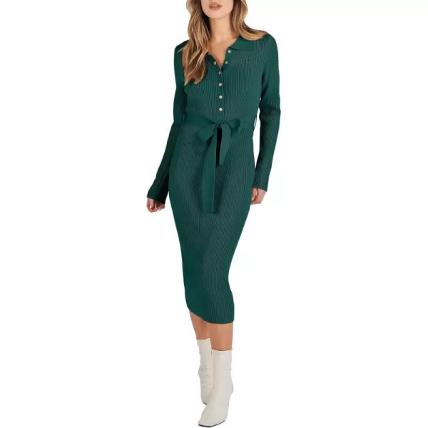 imageANRABESS Womens V Neck Long Sleeve Bodycon Sweater Dress 2023 Fall Button Up Tie Waist Sexy Ribbed Knit Midi DressesDark Green