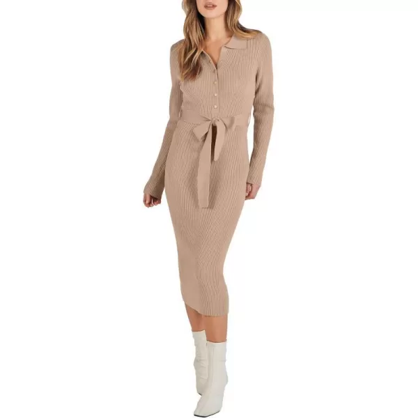 imageANRABESS Womens V Neck Long Sleeve Bodycon Sweater Dress 2023 Fall Button Up Tie Waist Sexy Ribbed Knit Midi DressesDeep Apricot