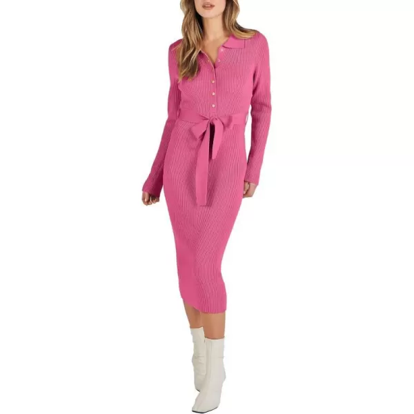 imageANRABESS Womens V Neck Long Sleeve Bodycon Sweater Dress 2023 Fall Button Up Tie Waist Sexy Ribbed Knit Midi DressesHot Pink