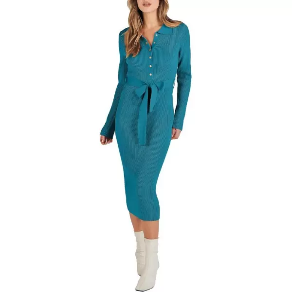 imageANRABESS Womens V Neck Long Sleeve Bodycon Sweater Dress 2023 Fall Button Up Tie Waist Sexy Ribbed Knit Midi DressesLake