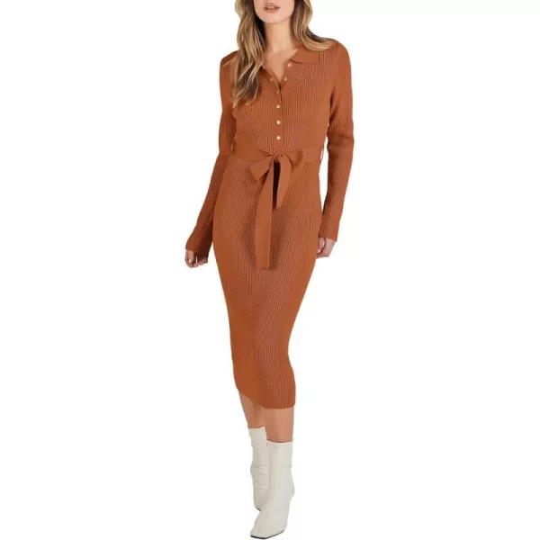 imageANRABESS Womens V Neck Long Sleeve Bodycon Sweater Dress 2023 Fall Button Up Tie Waist Sexy Ribbed Knit Midi DressesOrange