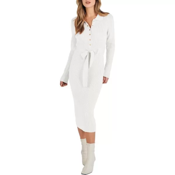 imageANRABESS Womens V Neck Long Sleeve Bodycon Sweater Dress 2023 Fall Button Up Tie Waist Sexy Ribbed Knit Midi DressesWhite