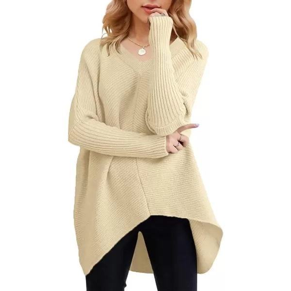 imageANRABESS Womens V Neck Oversized Long Batwing Sleeve Asymmetric Hem Casual Pullover Sweater Knit TopsApricot