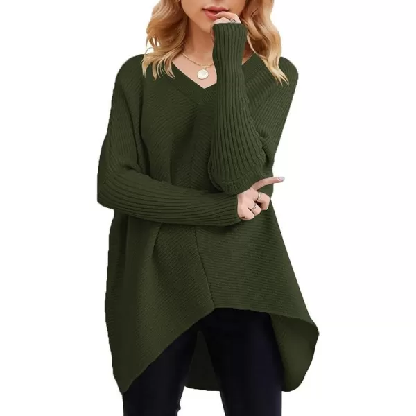 imageANRABESS Womens V Neck Oversized Long Batwing Sleeve Asymmetric Hem Casual Pullover Sweater Knit TopsArmy Green