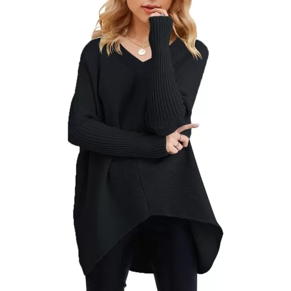 imageANRABESS Womens V Neck Oversized Long Batwing Sleeve Asymmetric Hem Casual Pullover Sweater Knit TopsBlack