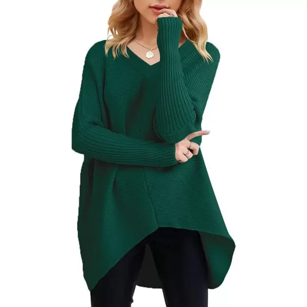imageANRABESS Womens V Neck Oversized Long Batwing Sleeve Asymmetric Hem Casual Pullover Sweater Knit TopsDark Green