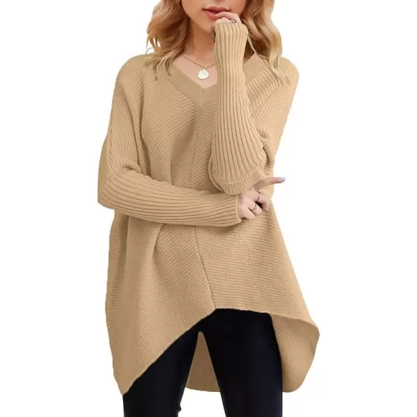 imageANRABESS Womens V Neck Oversized Long Batwing Sleeve Asymmetric Hem Casual Pullover Sweater Knit TopsDeep Apricot