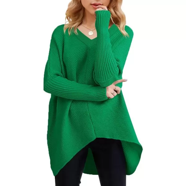 imageANRABESS Womens V Neck Oversized Long Batwing Sleeve Asymmetric Hem Casual Pullover Sweater Knit TopsGrass