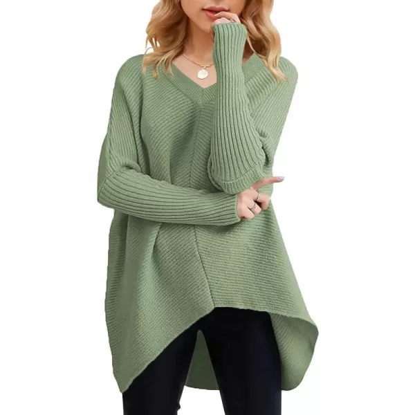 imageANRABESS Womens V Neck Oversized Long Batwing Sleeve Asymmetric Hem Casual Pullover Sweater Knit TopsLight Green