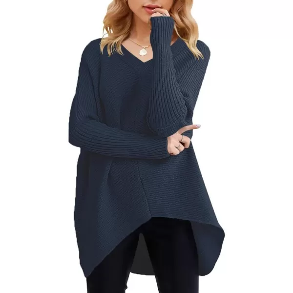 imageANRABESS Womens V Neck Oversized Long Batwing Sleeve Asymmetric Hem Casual Pullover Sweater Knit TopsNavy Blue